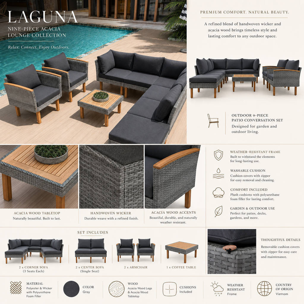 LegsLaguna Nine-Piece Acacia Lounge